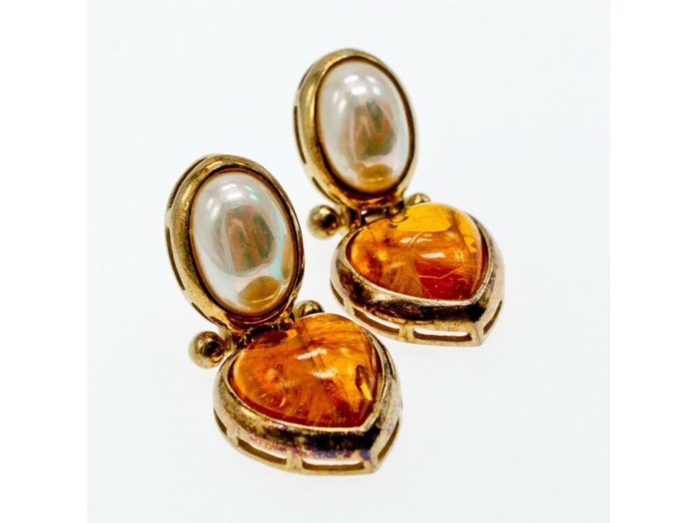 VINTAGE 800 SILVER GOLD PLATED AMBER & MOTHER OF PEARL "HEART" EARRINGS